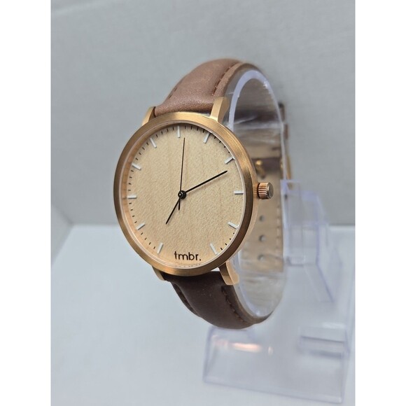 Tmbr The Helm Wood Dial Watch Rose Gold Tone 40mm Brown Leather New Battery - Picture 2 of 12